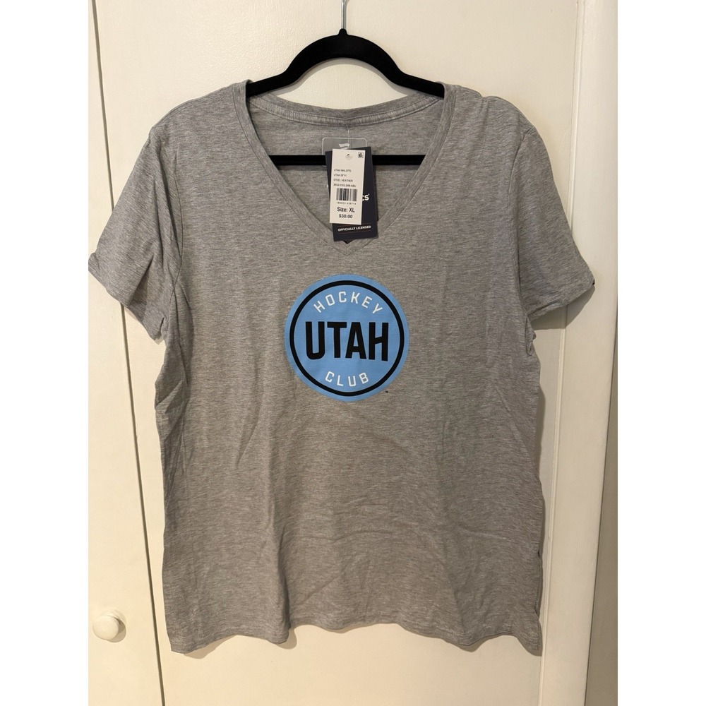 Fanatics Utah Hockey Club T-Shirt Gray Women's Size‎ XL V-neck Tee Blue Logo